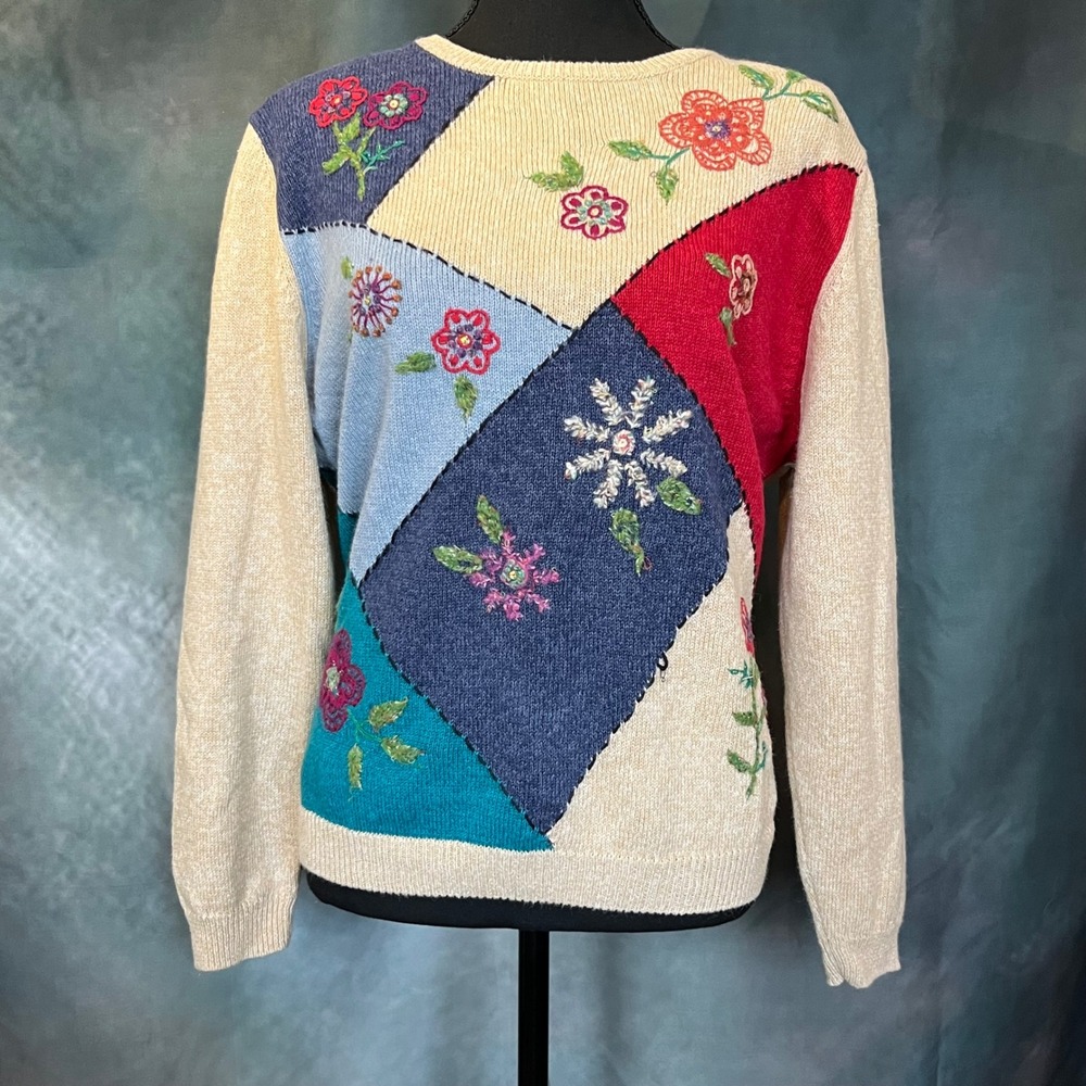 Alfred Dunner Vintage Women's Patchwork Floral Embroidered Sweater Size Large